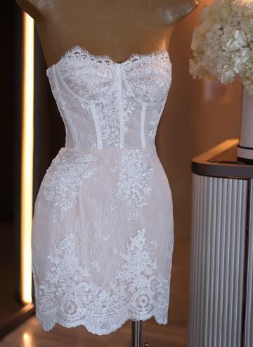 White Sheath Strapless Lace Short Homecoming Dress Evening Dress HZ1023